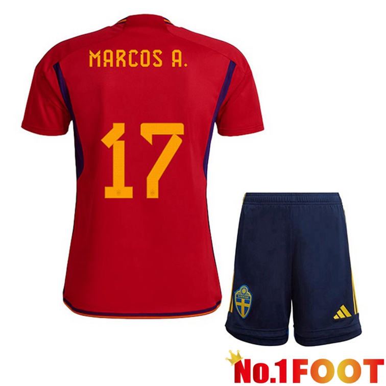 Spain (MARCOS A. 17) Kids Soccer Jerseys Home Red World Cup 2022