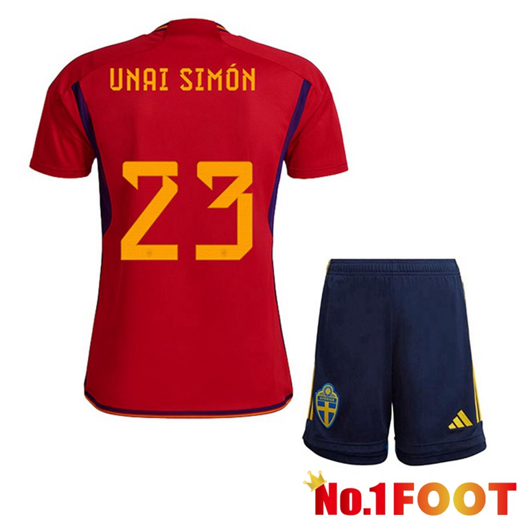 Spain (UNAI SIMÓN 23) Kids Soccer Jerseys Home Red World Cup 2022