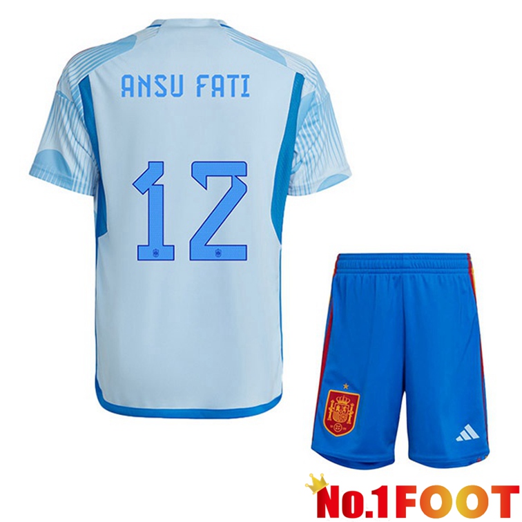 Spain (ANSU FATI 12) Kids Soccer Jerseys Away Blue White World Cup 2022