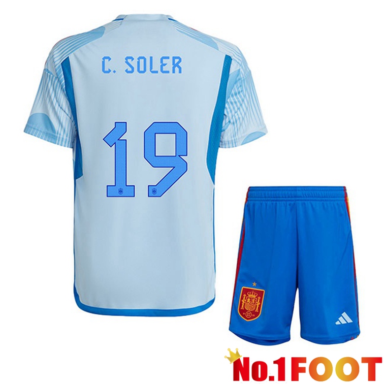 Spain (C. SOLER 19) Kids Soccer Jerseys Away Blue White World Cup 2022