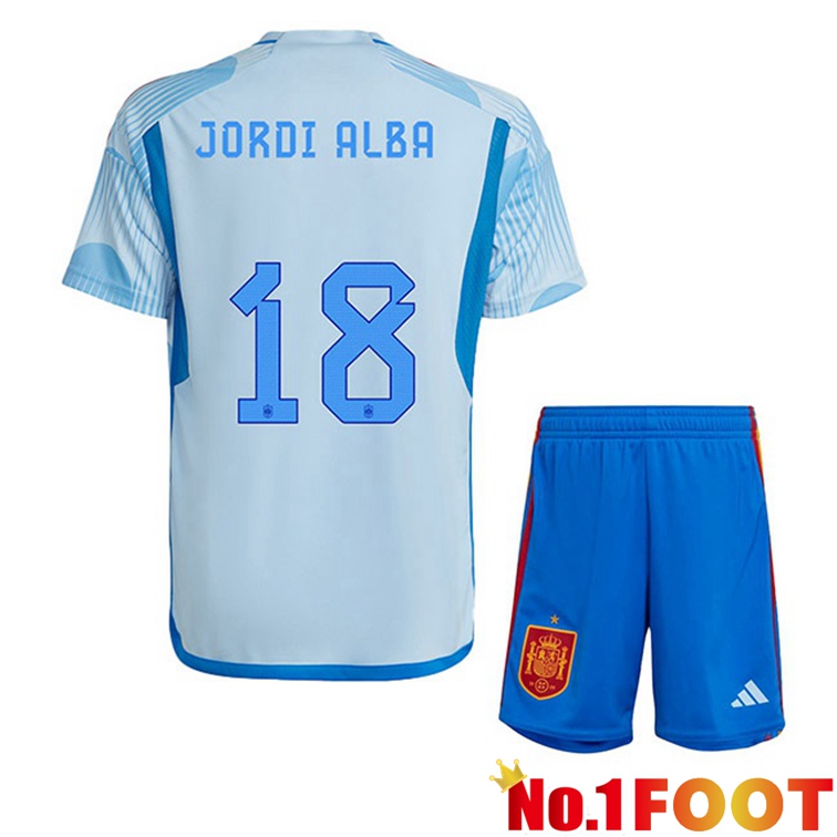 Spain (JORDI ALBA 18) Kids Soccer Jerseys Away Blue White World Cup 2022