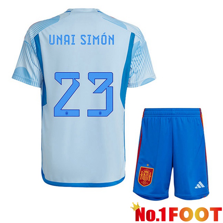 Spain (UNAI SIMÓN 23) Kids Soccer Jerseys Away Blue White World Cup 2022