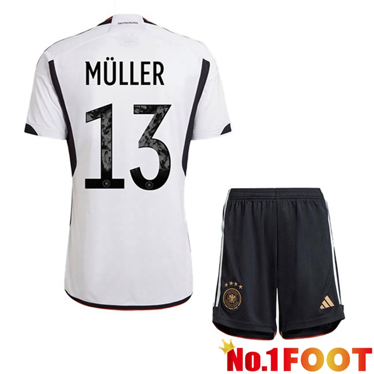 Germany (MÜLLER 13) Kids Soccer Jerseys Home Black White World Cup 2022