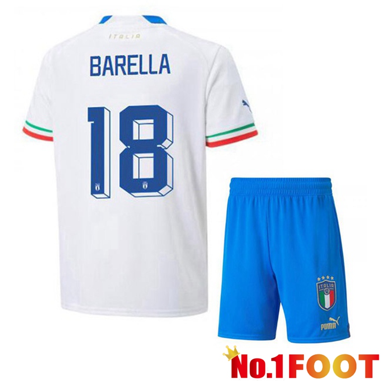 Italy (Barella 18) Kids Soccer Jerseys Away White 2022-2023