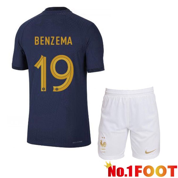 France (BENZEMA 19) Kids Soccer Jerseys Home Blue Royal World Cup 2022