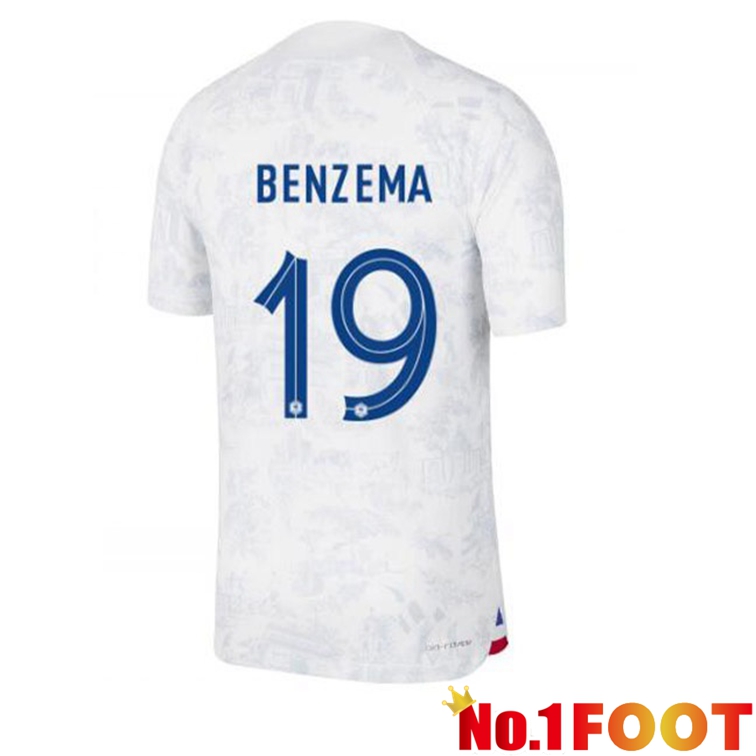 France (BENZEMA 19) Soccer Jerseys Away White World Cup 2022