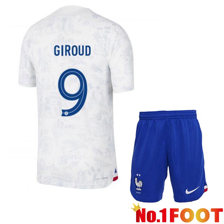 France (GIROUD 9) Kids Soccer Jerseys Away White World Cup 2022