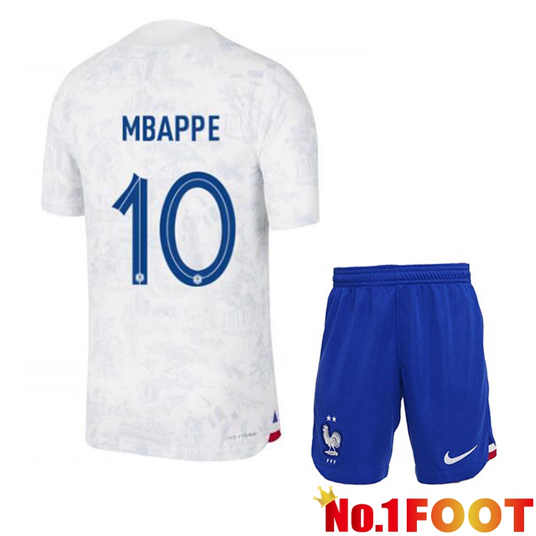 France (MBAPPE 10) Kids Soccer Jerseys Away White World Cup 2022