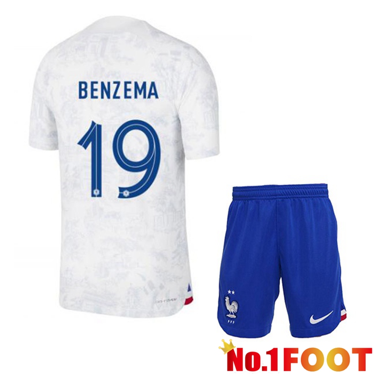 France (BENZEMA 19) Kids Soccer Jerseys Away White World Cup 2022