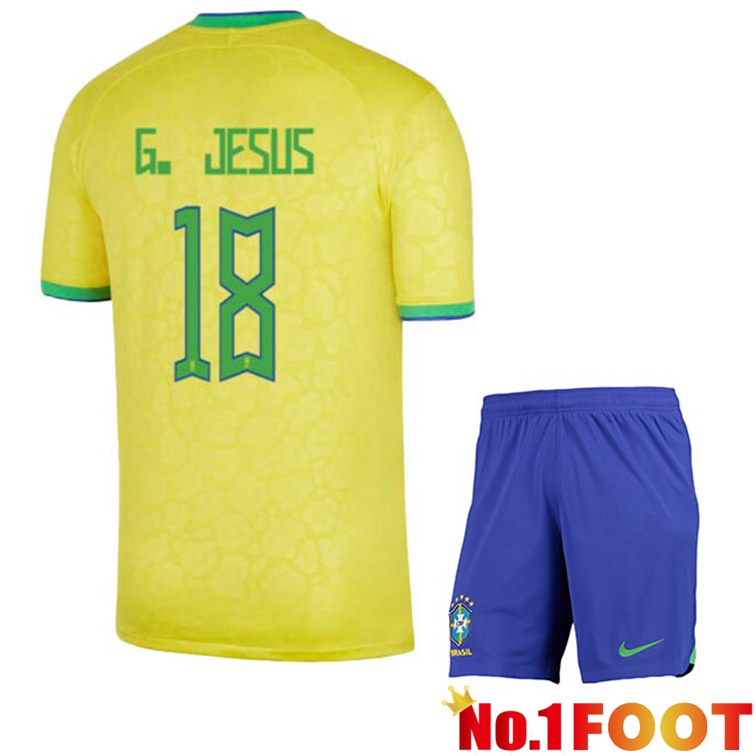 Brazil (G. JESUS 18) Kids Soccer Jerseys Home Yellow World Cup 2022