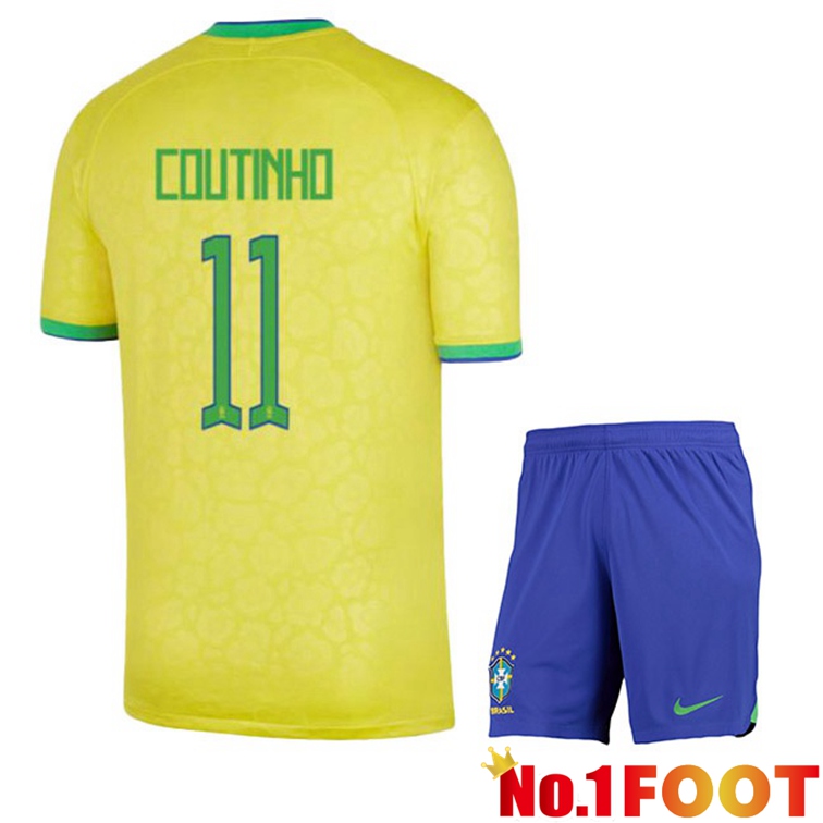 Brazil (COUTINHO 11) Kids Soccer Jerseys Home Yellow World Cup 2022