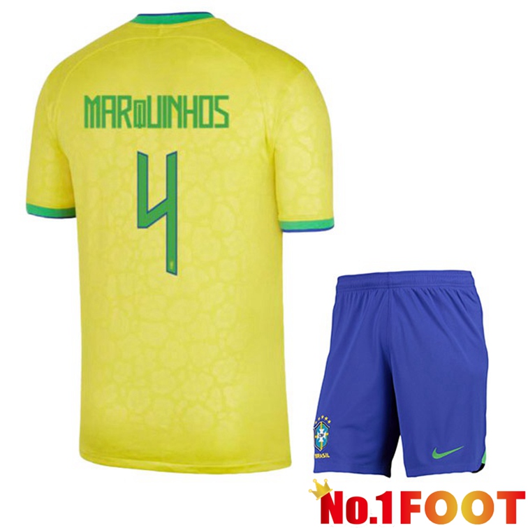 Brazil (MARQUINHOS 4) Kids Soccer Jerseys Home Yellow World Cup 2022