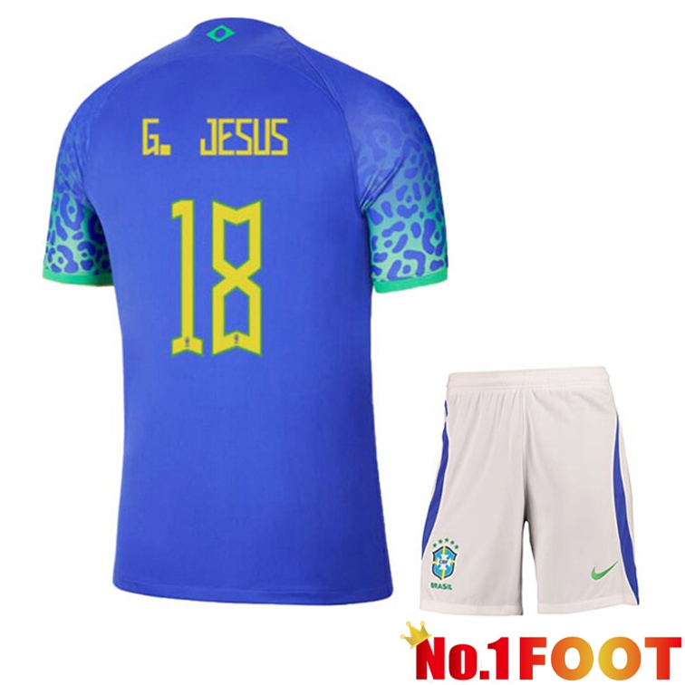 Brazil (G. JESUS 18) Kids Soccer Jerseys Away Blue World Cup 2022