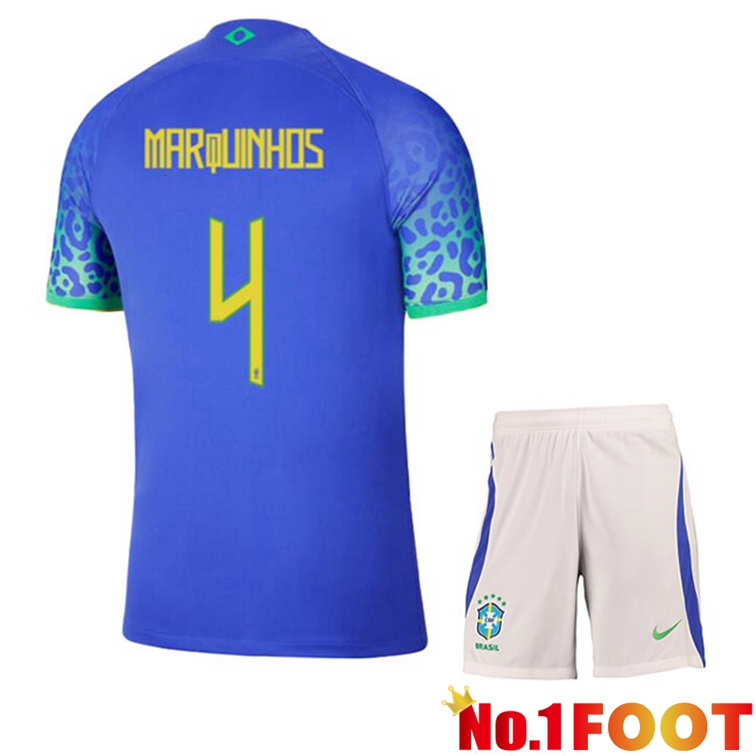 Brazil (MARQUINHOS 4) Kids Soccer Jerseys Away Blue World Cup 2022