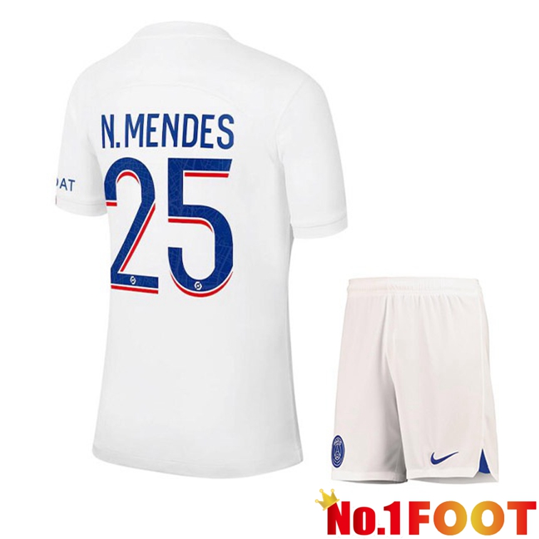 Paris PSG (N.MENDES 25) Kids Soccer Jerseys Third White 2022-2023