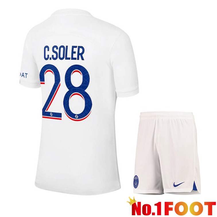 Paris PSG (C. SOLER 28) Kids Soccer Jerseys Third White 2022-2023