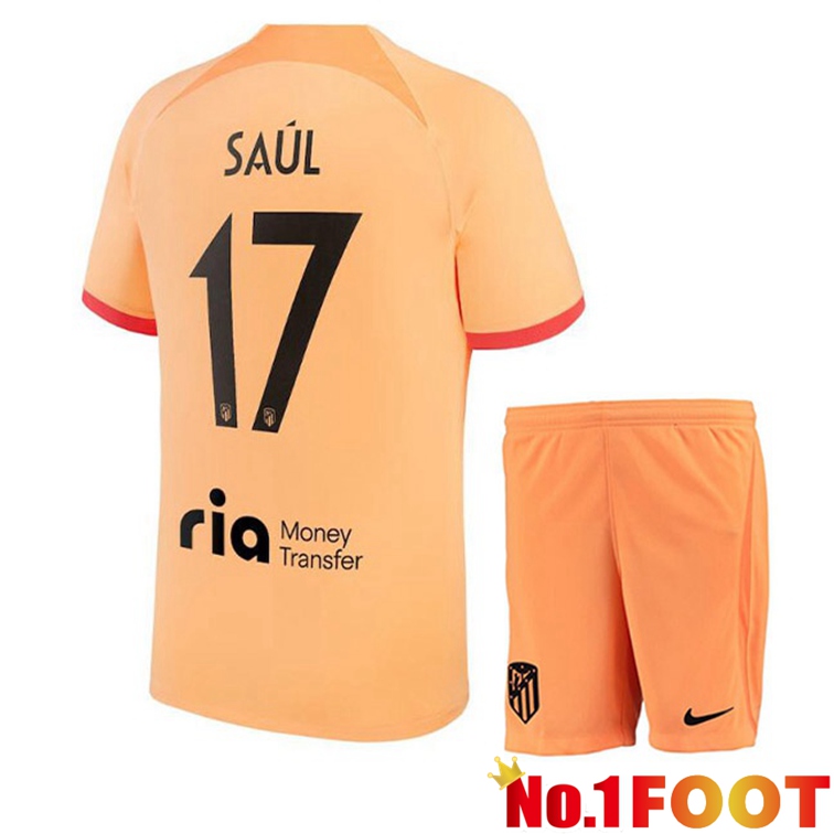 Atletico Madrid (SAÚL 17) Kids Soccer Jerseys Third Orange 2022-2023