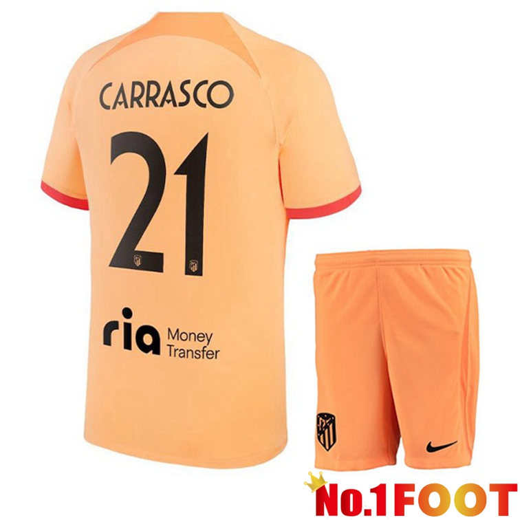 Atletico Madrid (CARRASCO 21) Kids Soccer Jerseys Third Orange 2022-2023