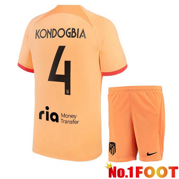 Atletico Madrid (KONDOGBIA 4) Kids Soccer Jerseys Third Orange 2022-2023