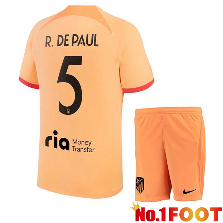 Atletico Madrid (R. De PAUL 5) Kids Soccer Jerseys Third Orange 2022-2023