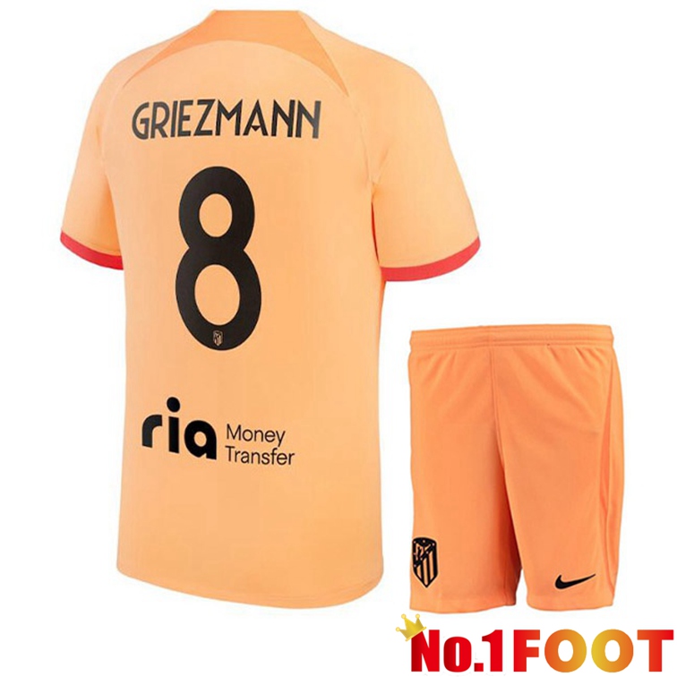 Atletico Madrid (GRIEZMANN 8) Kids Soccer Jerseys Third Orange 2022-2023