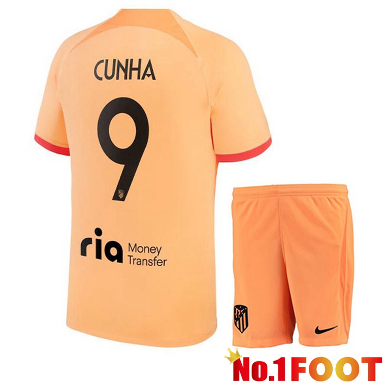 Atletico Madrid (CUNHA 9) Kids Soccer Jerseys Third Orange 2022-2023