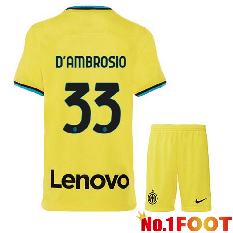 Inter Milan (D'AMBROSIO 33) Kids Soccer Jersey Third Yellow 2022/2023