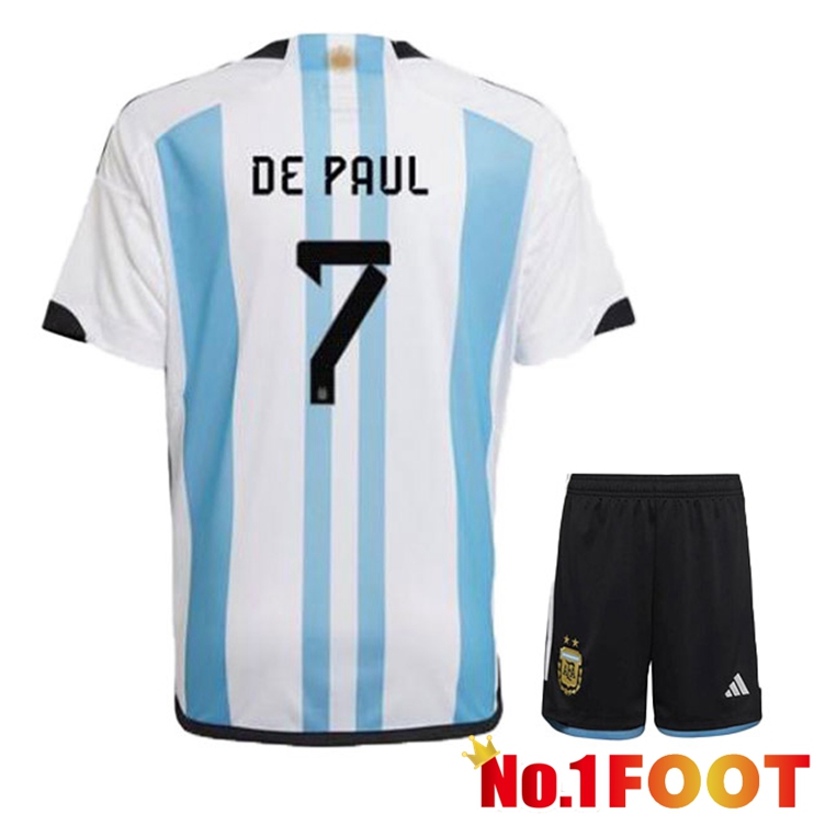 Argentina (DE PAUL 7) Kids Soccer Jersey Home Blue White World Cup 2022