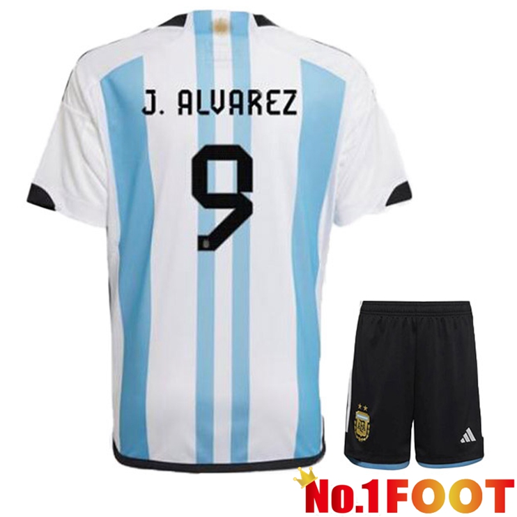 Argentina (J. ALVAREZ 9) Kids Soccer Jersey Home Blue White World Cup 2022