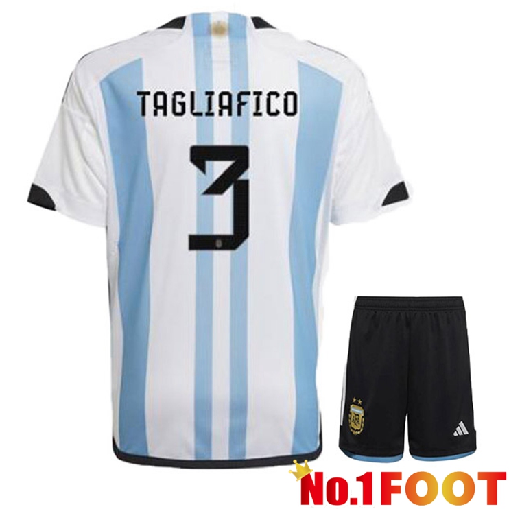 Argentina (TAGLIAFICO 3) Kids Soccer Jersey Home Blue White World Cup 2022