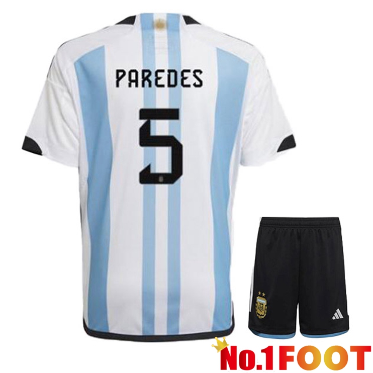 Argentina (PAREDES 5) Kids Soccer Jersey Home Blue White World Cup 2022