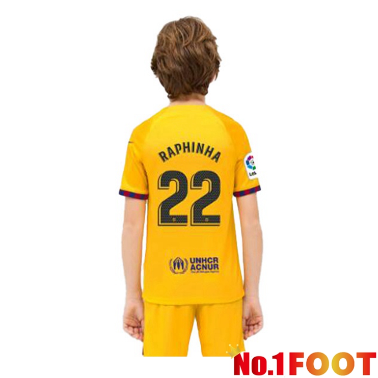 FC Barcelona (RAPHINHA 22) Kids Soccer Jersey Fourth Yellow 2022/2023