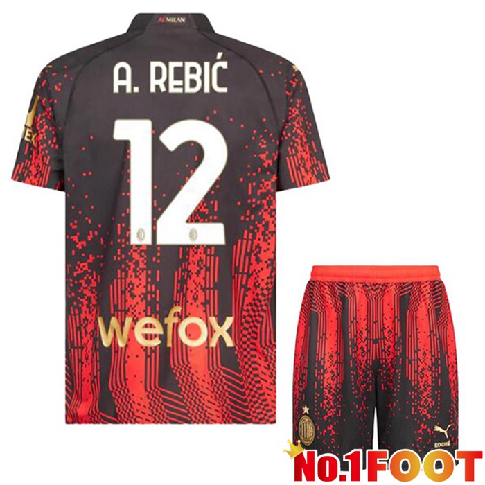 AC Milan (A. REBIĆ 12) Kids Soccer Jersey Fourth Red Black 2022/2023