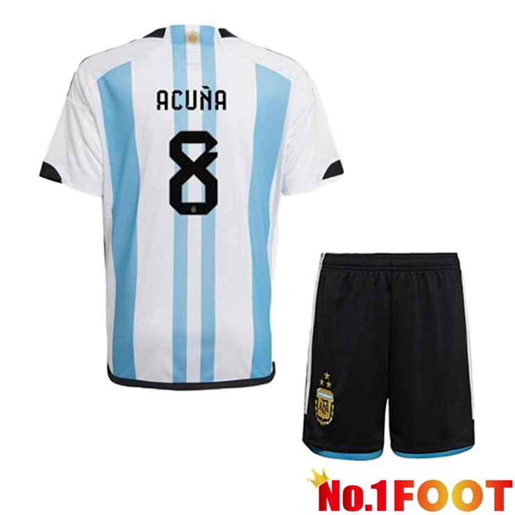 Argentina (ACUÑA 8) 3 Stars Kids Football Jersey Home Blue White 2022/2023