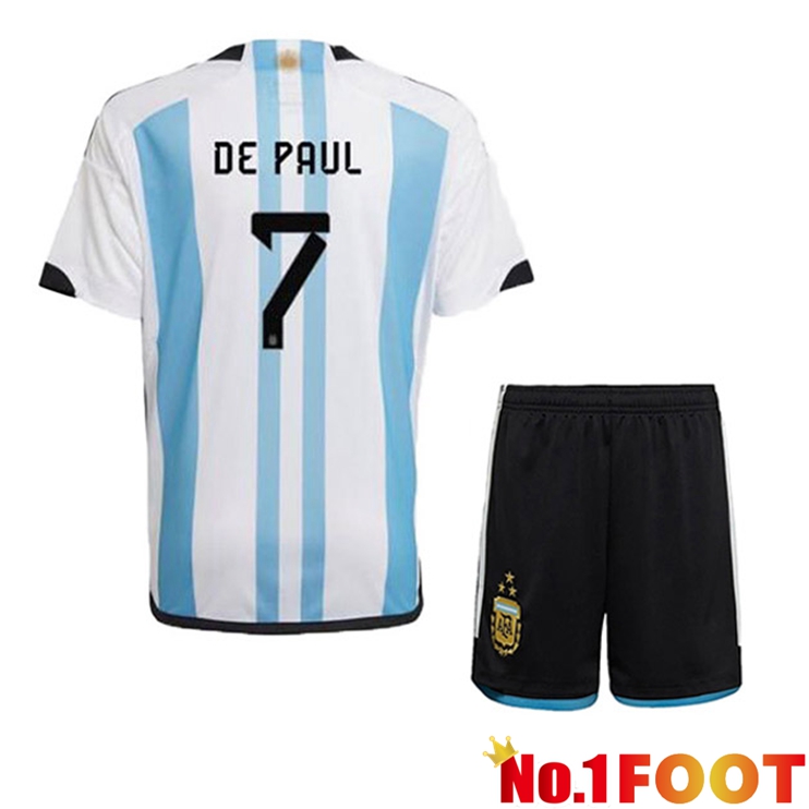 Argentina (DE PAUL 7) 3 Stars Kids Football Jersey Home Blue White 2022/2023