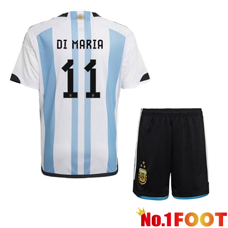 Argentina (DI MARIA 11) 3 Stars Kids Football Jersey Home Blue White 2022/2023