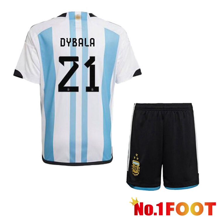 Argentina (DYBALA 21) 3 Stars Kids Football Jersey Home Blue White 2022/2023