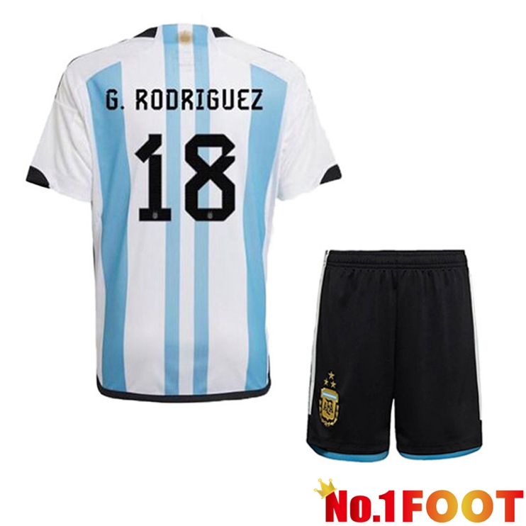 Argentina (G. RODRIGUEZ 18) 3 Stars Kids Football Jersey Home Blue White 2022/2023