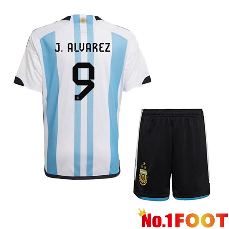 Argentina (J. ALVAREZ 9) 3 Stars Kids Football Jersey Home Blue White 2022/2023