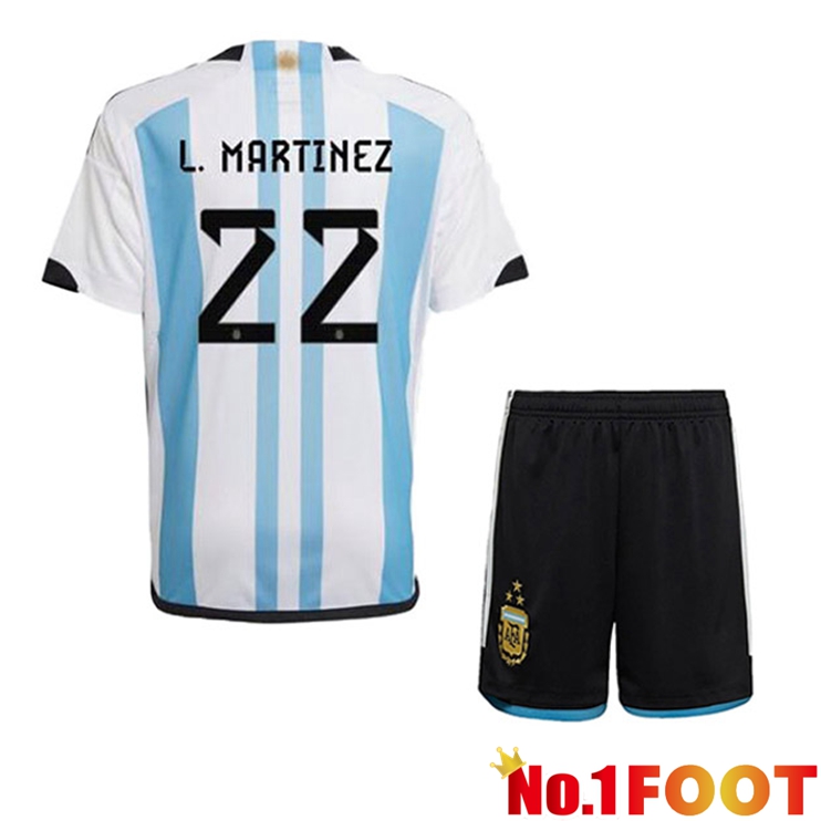 Argentina (L. MARTINEZ 22) 3 Stars Kids Football Jersey Home Blue White 2022/2023