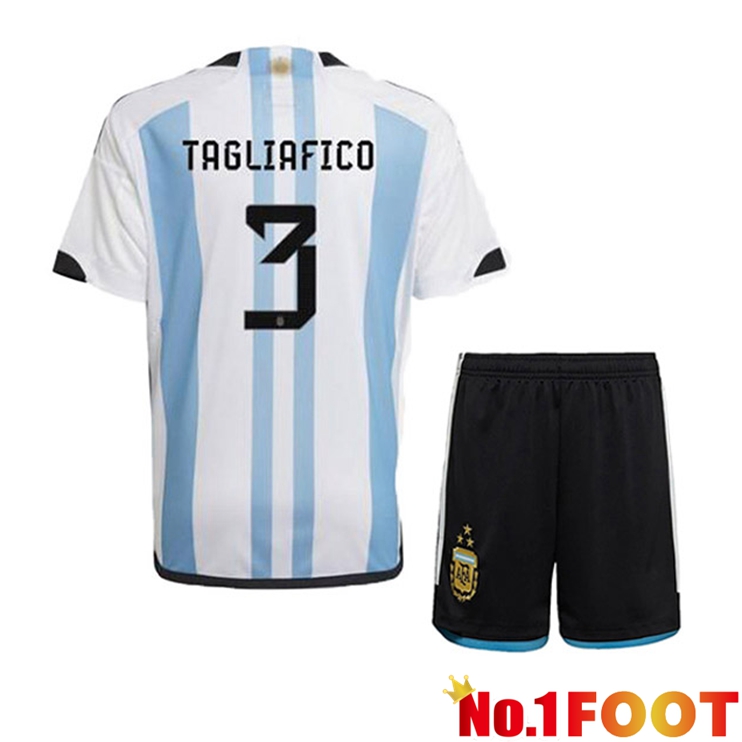 Argentina (TAGLIAFICO 3) 3 Stars Kids Football Jersey Home Blue White 2022/2023