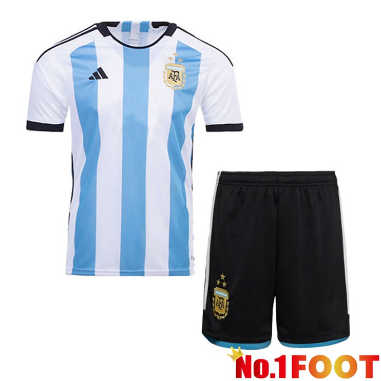 Argentina 3 Stars Kids Football Jersey Home White Blue 2022/2023