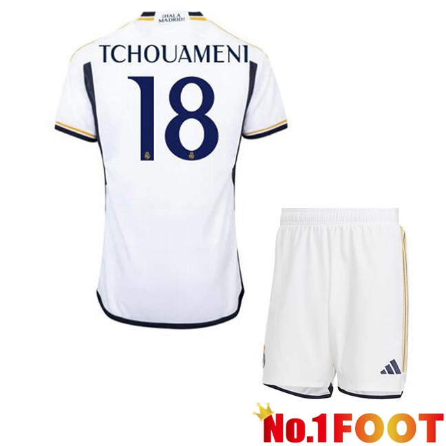 Real Madrid (Tchouameni 18) Kids Football Jersey Home White 2023/2024