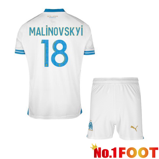 Marseille OM (MALINOVSKYI 18) Kids Football Jersey Home White 2023/2024