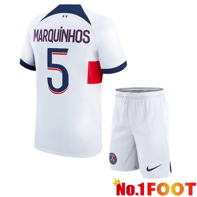 Paris PSG (Marquinhos 5) Kids Football Jersey Away White 2023/2024