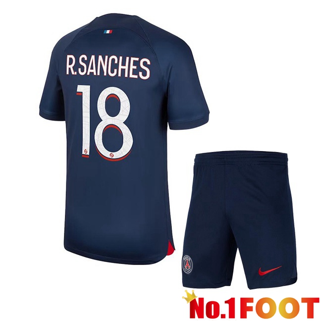 Paris PSG (R.Sanches 18) Kids Football Jersey Home Royal Bluee 2023/2024