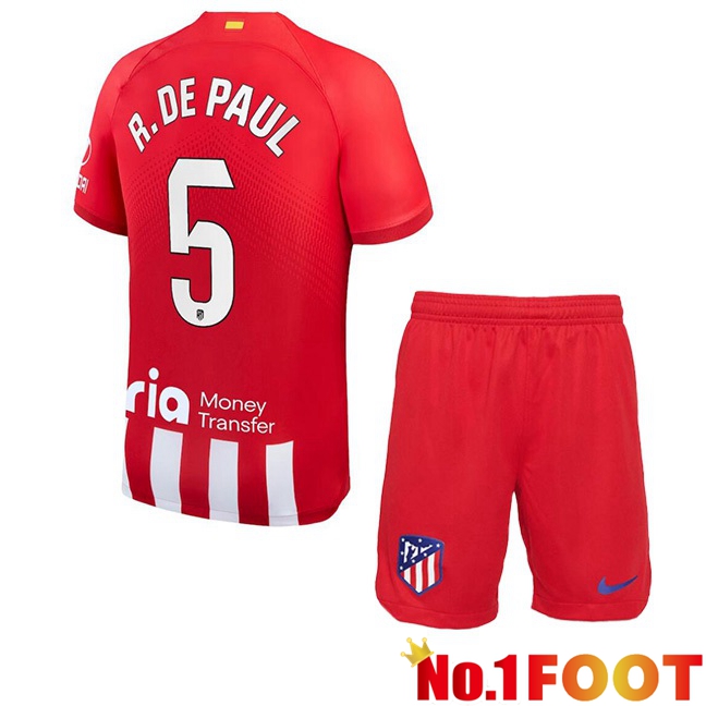 Atletico Madrid (R. De Paul 5) Kids Football Jersey Home Red 2023/2024