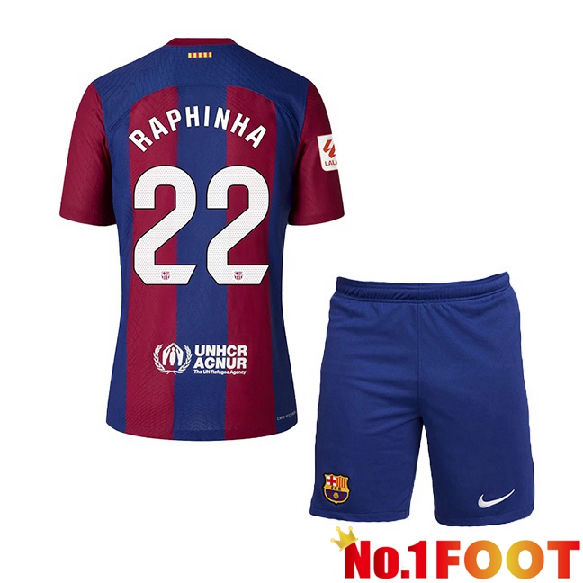 FC Barcelona (RAPHINHA 22) Kids Football Jersey Home Blue Red 2023/2024