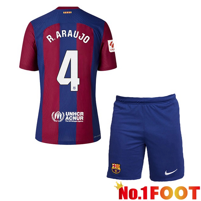 FC Barcelona (R. ARAUJO 4) Kids Football Jersey Home Blue Red 2023/2024