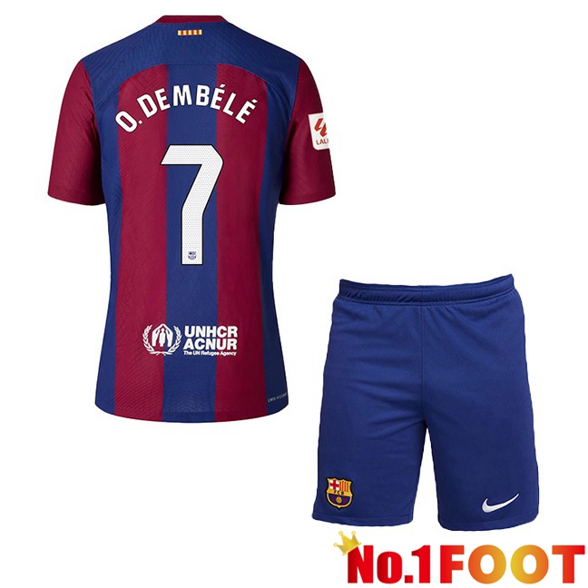 FC Barcelona (O. DEMBÉLÉ 7) Kids Football Jersey Home Blue Red 2023/2024